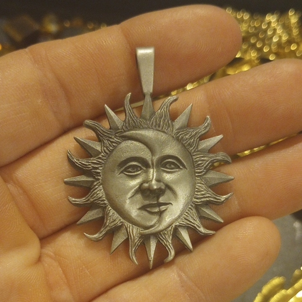 Silver Tone Sun and Moon Pendant, Isis Design, EUC